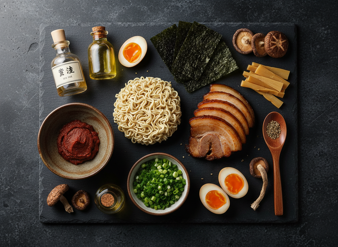Ramen ingredients flat lay