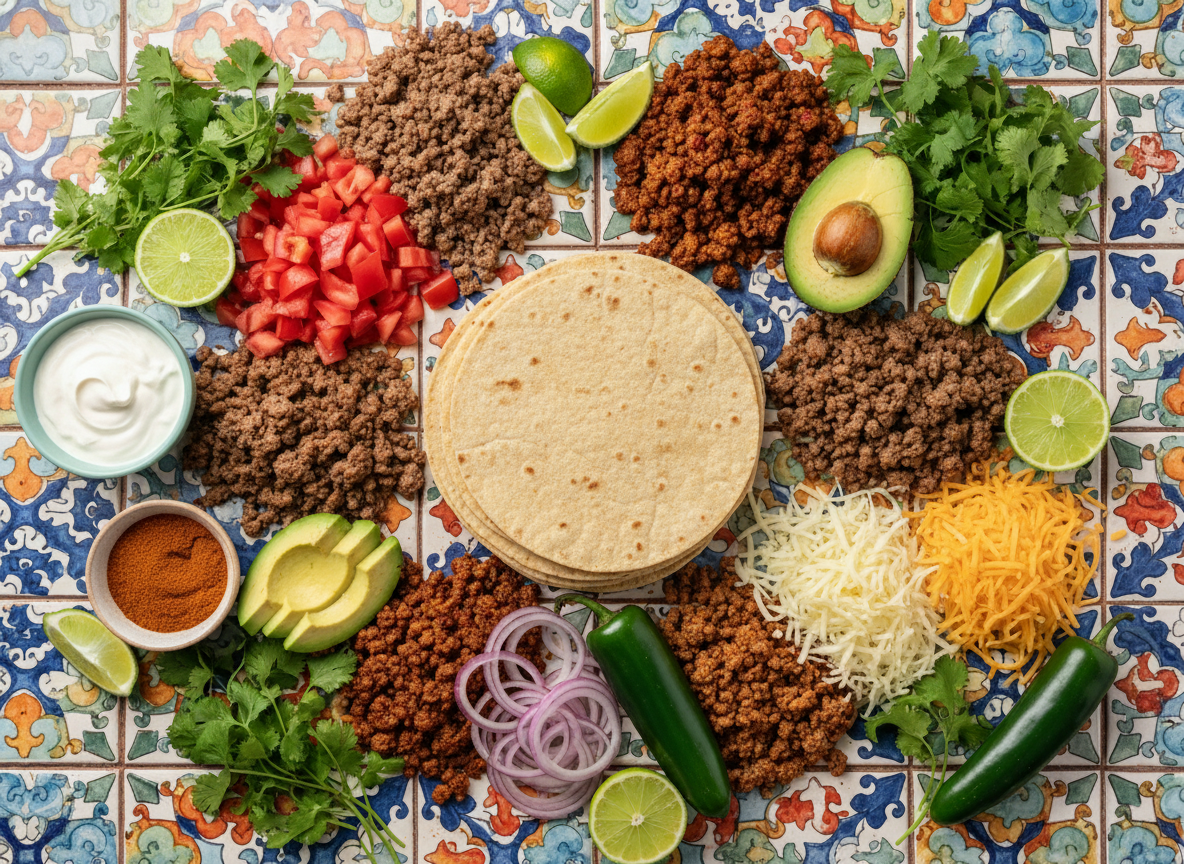 Tacos al Pastor ingredients flat lay