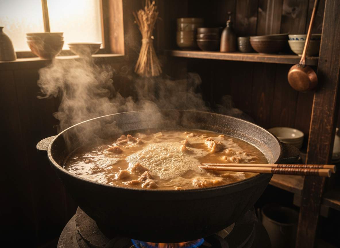 Tonkotsu ramen broth cooking