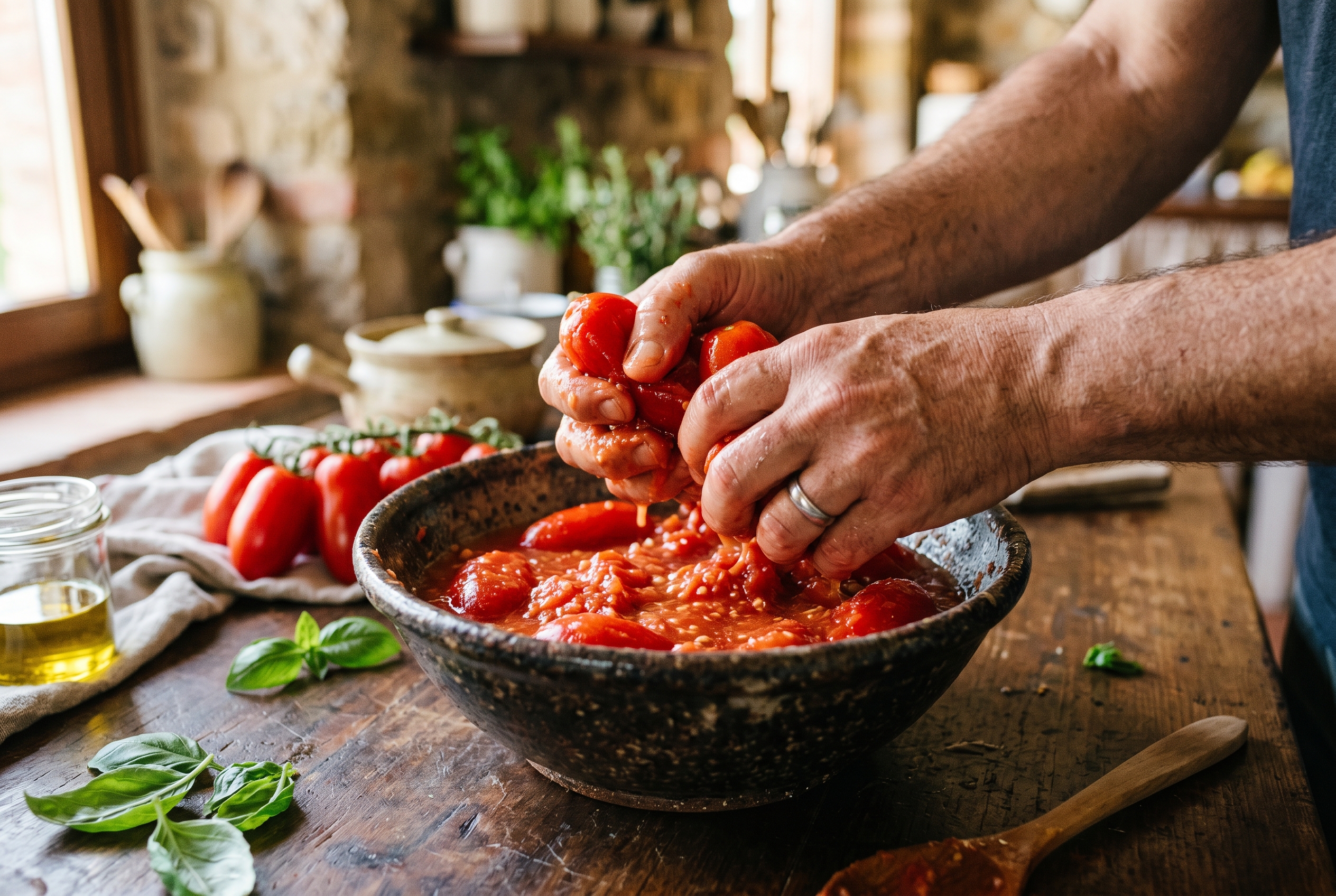Hands crushing San Marzano tomatoes into a bowl