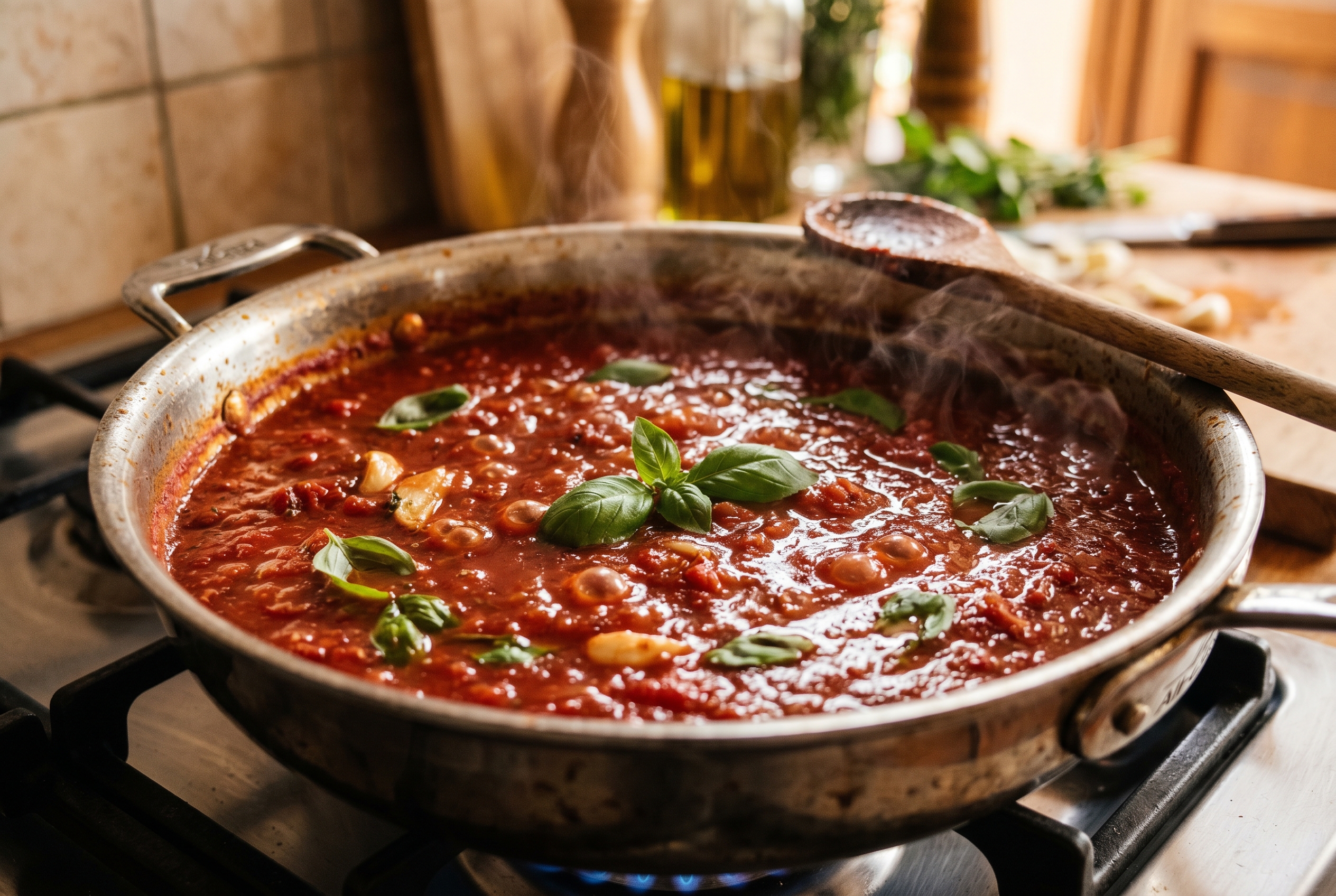 Rich red tomato sauce simmering in a wide pan