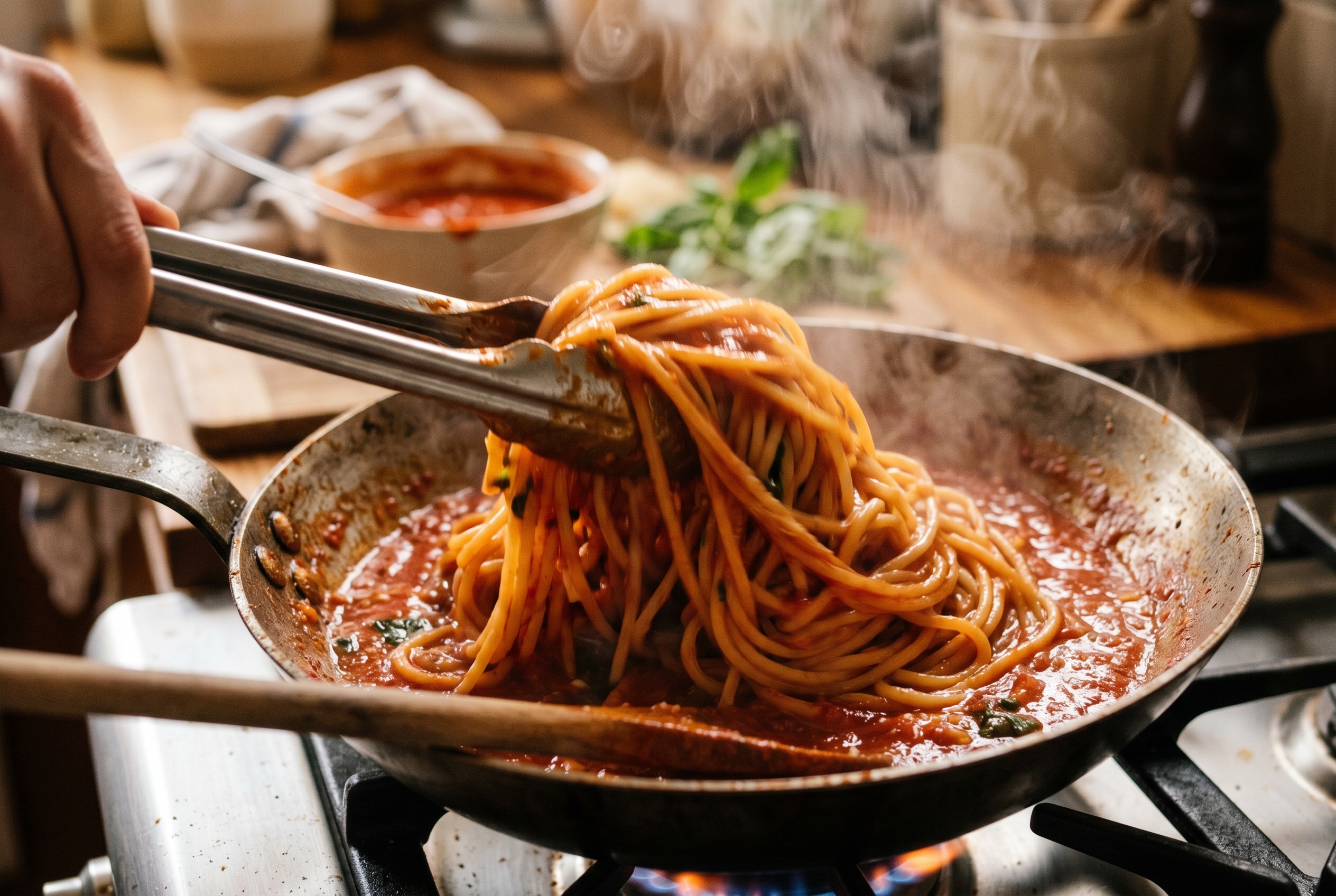 Tossing spaghetti strands in tomato sauce with tongs