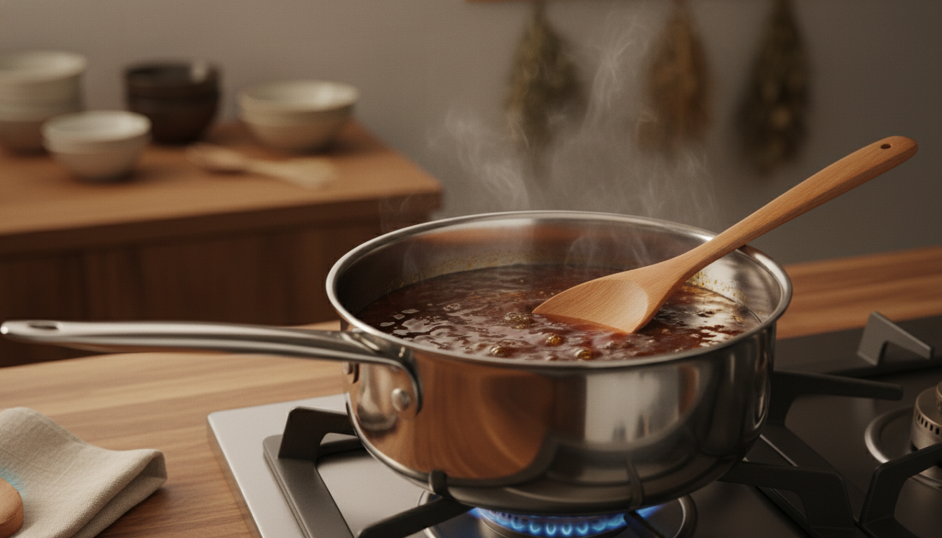 Teriyaki sauce simmering in saucepan