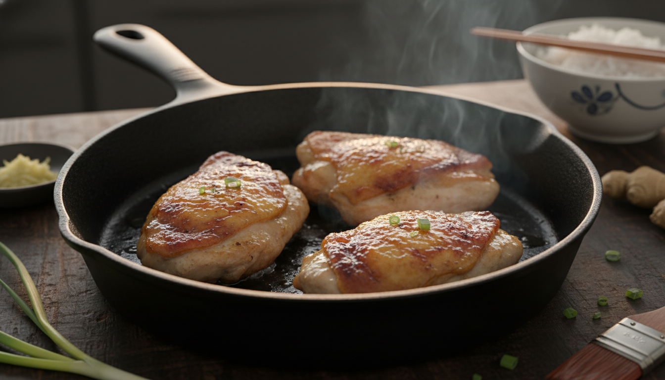 Chicken thighs searing in cast iron skillet