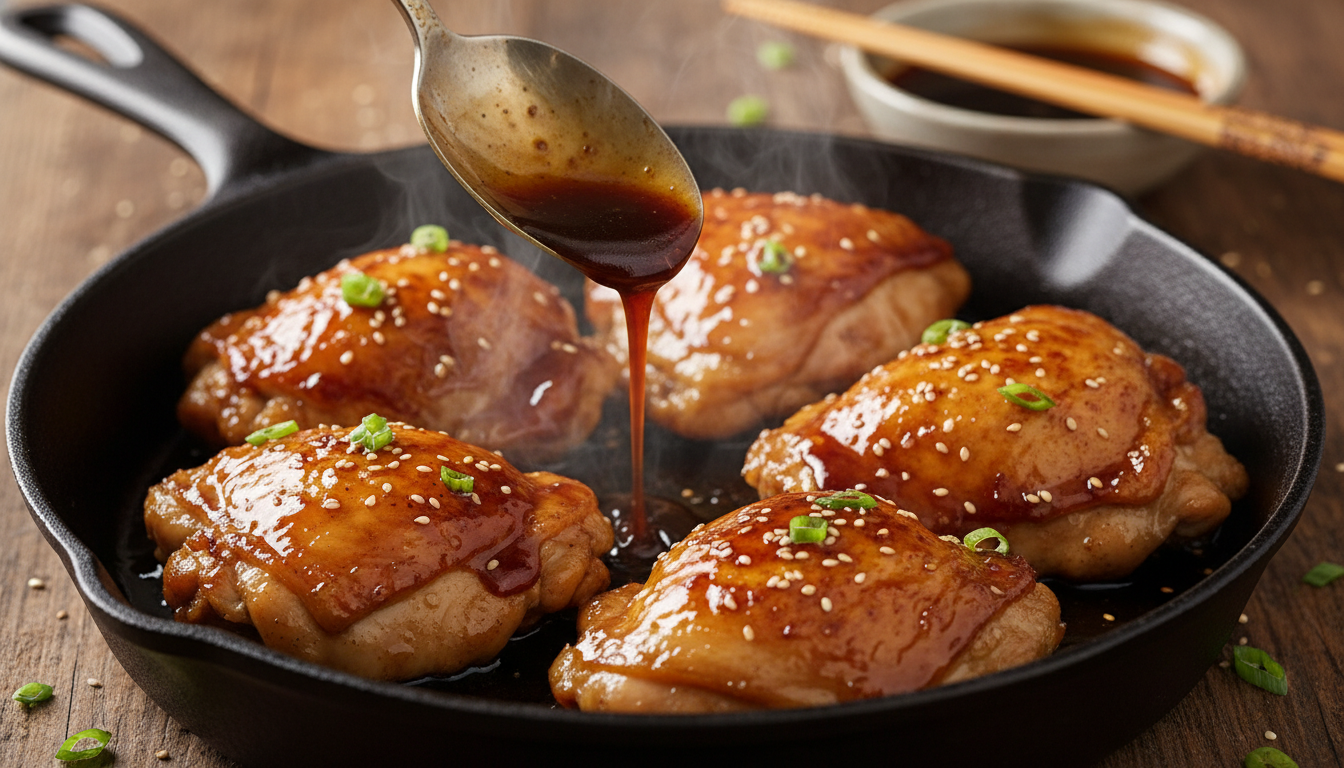 Basting chicken with glossy teriyaki glaze